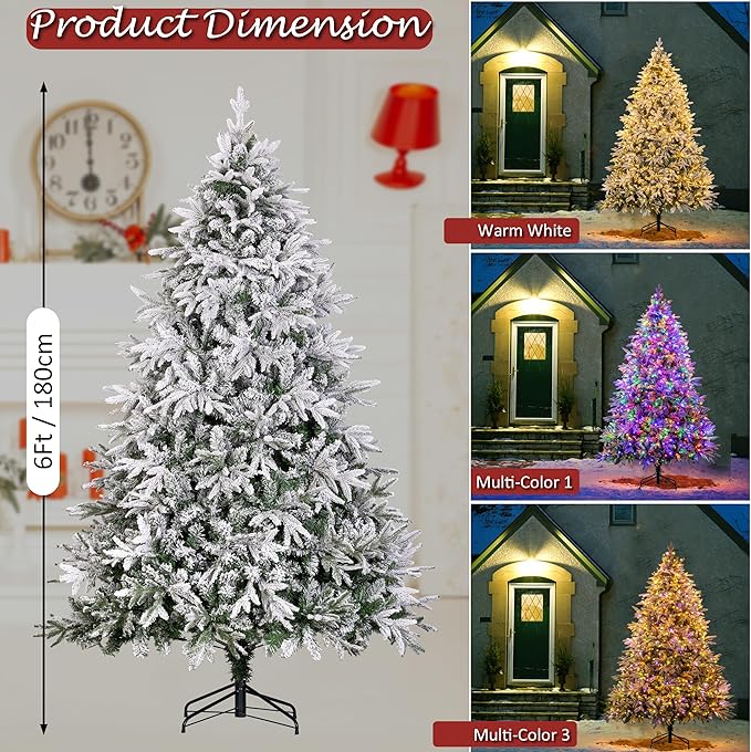 Sunnyglade 6ft Artificial Snow Flocked Christmas Tree with 400 LED Lights (Not pre-lit), Xmas Tree Full Tree with 800 Branch Tips & 11 Modes Light, RGB & Warm White Light, Foldable Stand for Home