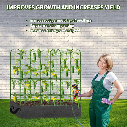 PASARA Cucumber Trellis with Grow Bag - Garden Trellis for Climbing Vegetables, 65 X 50 Inch Large Metal Trellis for Climbing Plants Outdoor, Including Twist Ties, Clips, Ties, Nylon Garden Lattice