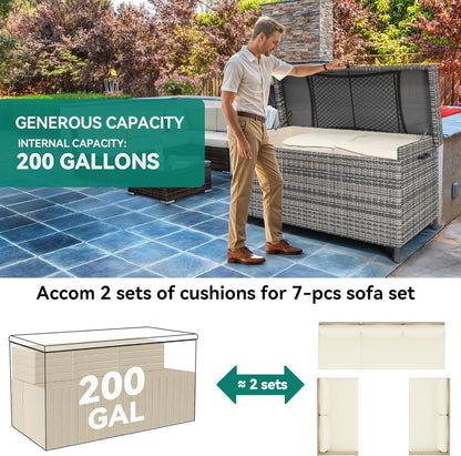 YITAHOME 200 Gallon Large Wicker Deck Box w/Storage Net, Rattan XL Outdoor Storage Box Patio Cushion Storage, Patio Storage Box for Garden Tools, Pool Sports Equipment (Grey)
