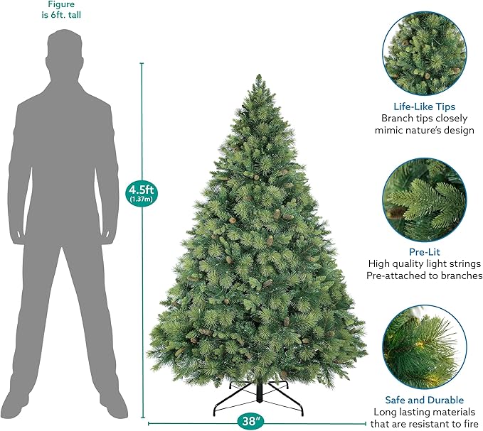 Naomi Home Vail 4.5ft Prelit Artificial Christmas Tree with Pine Cones, Foot Pedal, 561 Branch Tips, 300 Warm Lights and Metal Stand, 38" Wide Realistic Traditional Christmas Tree with Lights