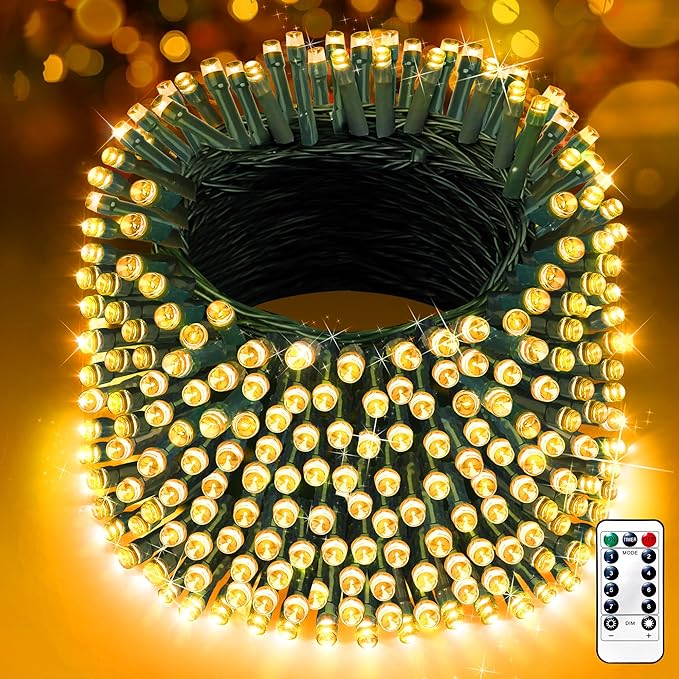 XURISEN 403FT 1000 LED Christmas Lights Outdoor Green Wire String Lights 8 Modes with Timer Memory Waterproof Fairy Light Plug in for Xmas Tree Wedding Yard Party Holiday Decorations(Warm White)