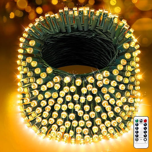 XURISEN 403FT 1000 LED Christmas Lights Outdoor Green Wire String Lights 8 Modes with Timer Memory Waterproof Fairy Light Plug in for Xmas Tree Wedding Yard Party Holiday Decorations(Warm White)