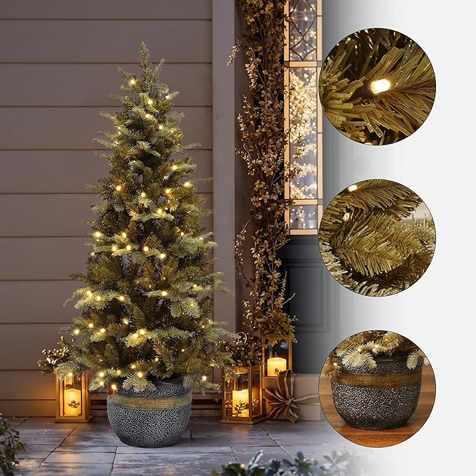LuxenHome 4FT Potted Christmas Tree, Gold Glitter Slim Small Prelit Artificial Christmas Trees with 150 Warm White LED Lights, Faux Pine Tree with Modern MgO Pot for Indoor and Outdoor Holiday Decor
