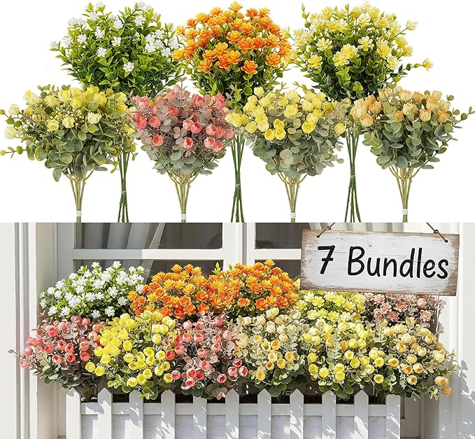 ilauke 7 Bundle Artificial Flowers Outdoor, UV Resistant Fake Flowers in Multicolor, Realistic Faux Flower Roses for Garden Porch Decoration, All Season Fake Plants Bouquet