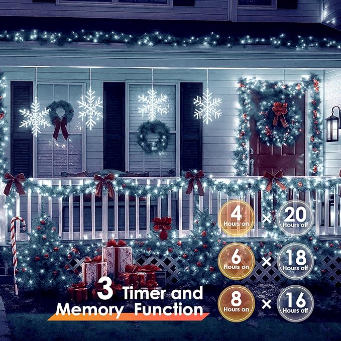 Christmas Lights 600 LED 196FT, IP67 Waterproof Christmas Tree Lights with 8 Modes, Outdoor String Lights with Timers & Memory Function, Xmas Light for Holiday Decor (Cool White)