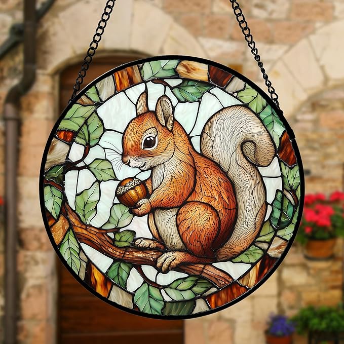 Stained Glass Window Hanging, Squirrel on a Branch Suncatcher Diamond Glass Panel Animal Sun Catchers Decor for Birthday for Women, Men, Wife, Aunt, and Mom 9.8 in