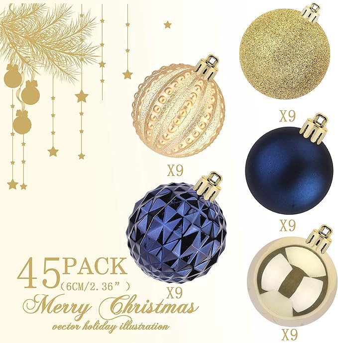 45Pcs 6cm/2.36inch Christmas Balls Glitter Ornaments Set, Shatterproof Plastic Xmas Tree Hanging Ornament, Christmas Decorations Balls for Holiday Festival Wedding House Bar Party(Navy/Gold)