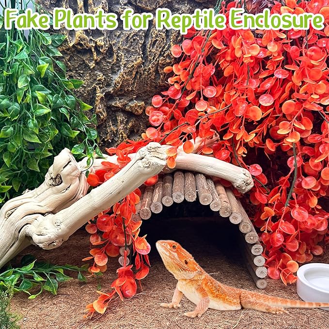 Hamiledyi Reptile Plants 5 Pcs Climbing Terrarium Plant with Suction Cup Artificial Decor for Snake Cage Bearded Dragon Tank Accessories for Lizard, Leopard Gecko, Chameleon, Snake (Orange)