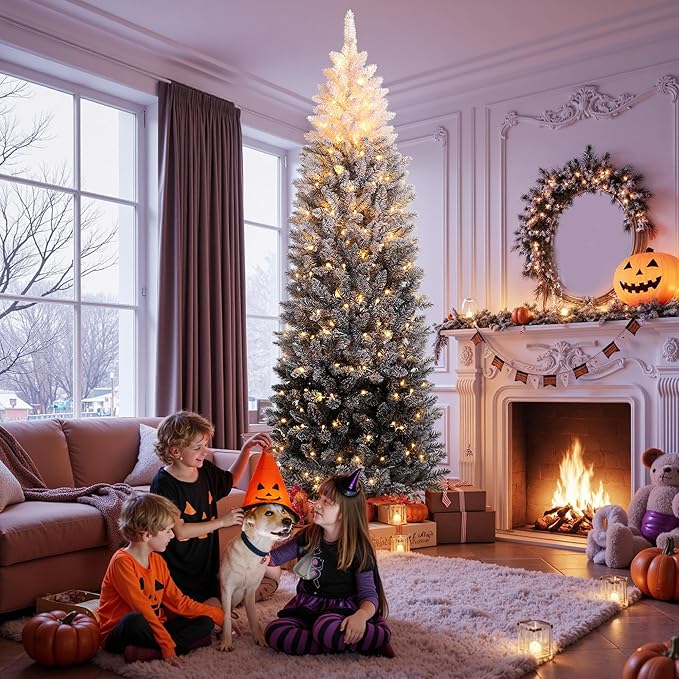 GAOMON 6Ft Prelit Black Christmas Tree with Lights Slim Artificial Halloween Christmas Tree Artificial Pencil Tree Automatic Branches for Home, Office, Party Decoration, White & Black Gradient