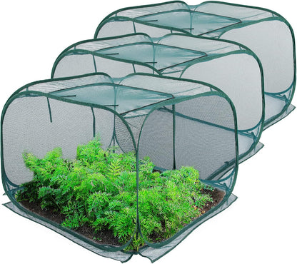 3 Pack Pop Up Mesh Plant Cover, Plant Protector for Raised Garden & Flower Bed, Net Cage Plant Guard for Fruits, Vegetables, Seedlings and Herbs, 8 Ground Stakes for Fixing.