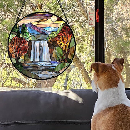 Stained Glass Window Hanging, Abstract Landscape Waterfall Mountains Trees Suncatcher for Doors Window Home Sun Catchers Decor Mother's Day Birthday Gifts for Women Men Mom 9.8 in
