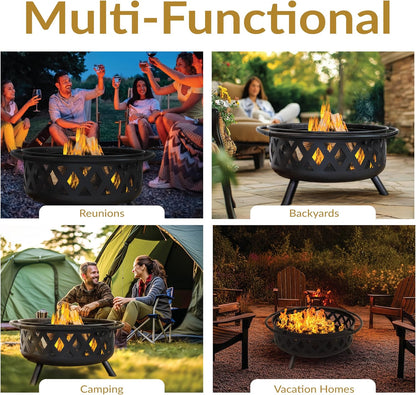 Sunnydaze Crossweave Outdoor Fire Pit - Wood-Burning Fire Pit for Outside with Spark Screen, Poker and Round Cover - 36-Inch - Black