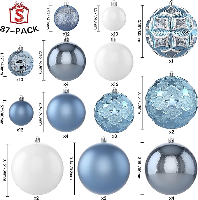 87ct Christmas Ball Ornaments Set Shatterproof Seasonal Hanging Decorations with Reusable Hand-held Gift Package for Xmas Tree Holiday Party and Home Decor, Airy Blue