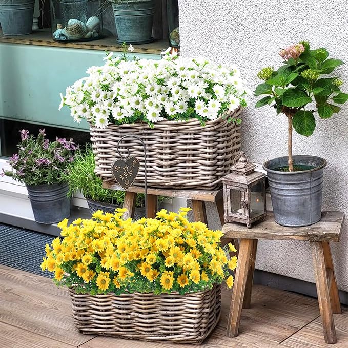 10pcs Outdoors Artificial Mum Flowers UV Resistant Daisy Fake Silk Chrysanthemum Greenery Faux Eucalyptus Plants for Spring Summer Garden Patio Window Box Planter Home Decor(Yellow)