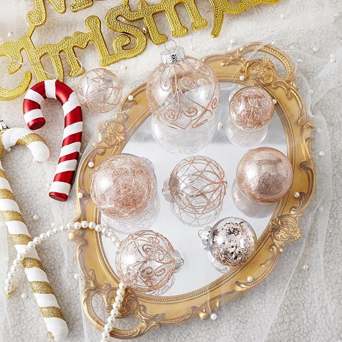 Wironlst Christmas Ball Ornaments Shatterproof Clear Large Plastic Hanging Ball Decorative Baubles Set with Stuffed Delicate Decorations (Multi-Size, Rose Gold)