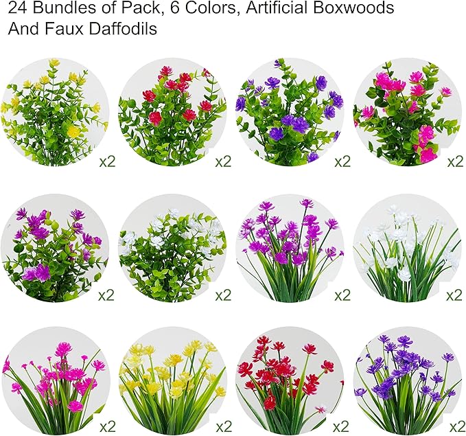 24 Bundles Artificial Flowers Outdoor Fake Mums Outdoor Plants Faux Flowers Bushes Bulk UV Resistant Plastic Greenery Decoration for Front Door Porch Outside Garden décor, 6 Colors