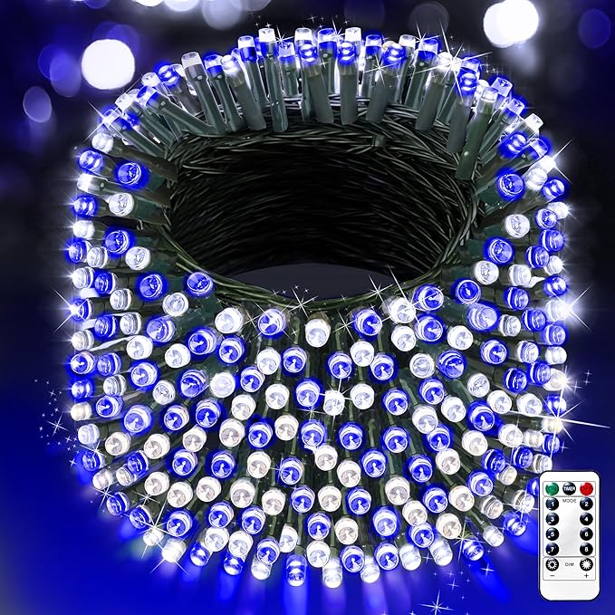 XURISEN 403FT 1000 LED Christmas Lights Outdoor Green Wire String Lights 8 Modes with Timer Memory Waterproof Fairy Light Plug in for Xmas Tree Wedding Yard Party Holiday Decorations(Blue+White)