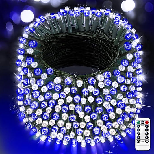 XURISEN 403FT 1000 LED Christmas Lights Outdoor Green Wire String Lights 8 Modes with Timer Memory Waterproof Fairy Light Plug in for Xmas Tree Wedding Yard Party Holiday Decorations(Blue+White)