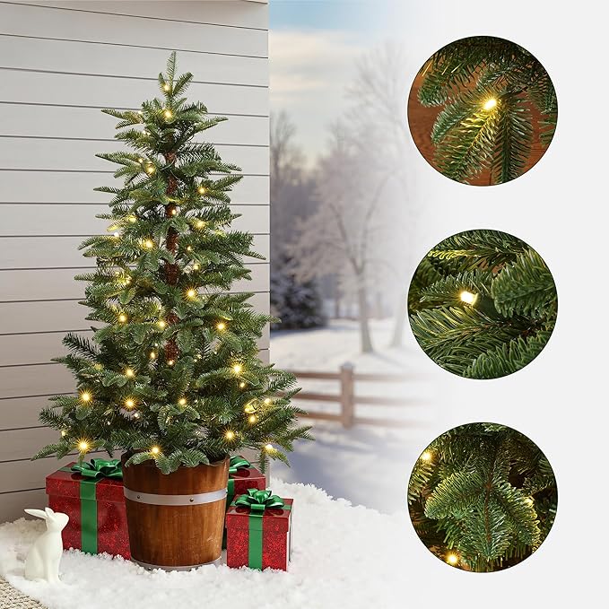 LuxenHome 4FT Small Christmas Tree, Prelit Slim Potted Christmas Trees with 100 Warm White LED Lights, Realistic Fir Tree with Rustic Wood Barrel Planter for Entrance, Hallway Holiday Decorations
