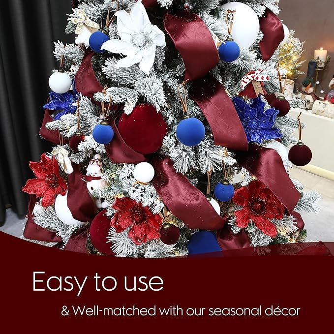 Sea Team 4-Pack Large Flocked Velvet Christmas Tree Ball Ornaments Set, Hanging Velour Baubles, Shatterproof Plastic Decorations for Xmas Tree, Wreath, Garland, 150mm/5.91 Inches, Burgundy