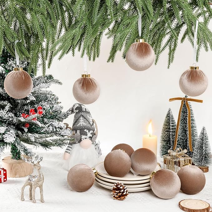 24 Pack Brown Christmas Ornaments Set, 12 Pcs 3.15 Inch Velvet Christmas Balls Shatterproof Flocked Hanging Balls Bulkand 12 Pcs Velvet Bows for Xmas Tree Garland Wreath Party Home Decor