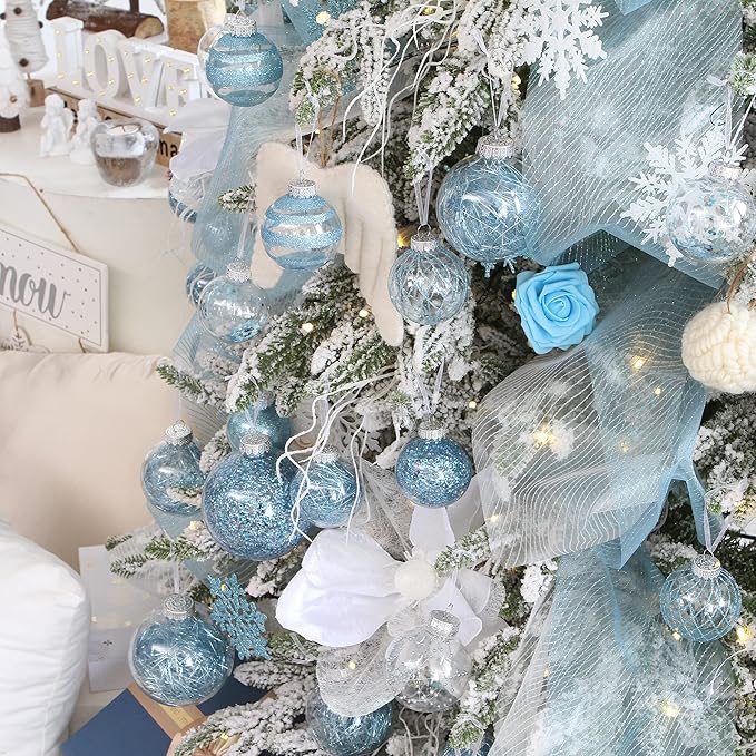 Sea Team Pack of 48 Shatterproof Clear Plastic Christmas Baubles Multi-Size Decorative Christmas Baubles with Stuffed Delicate Decorations (Babyblue)