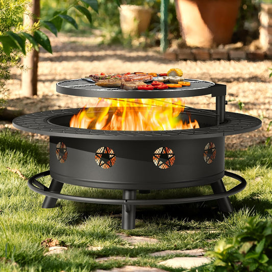 43 Inch Fire Pit with BBQ Grill, Wood Burning Fire Pits for Outside with Lid & Poker, Extra Large Heavy Duty Firepits, BBQ & Outdoor Firepit & Round Metal Table 3 in 1 for Bonfire, Patio, Picnic
