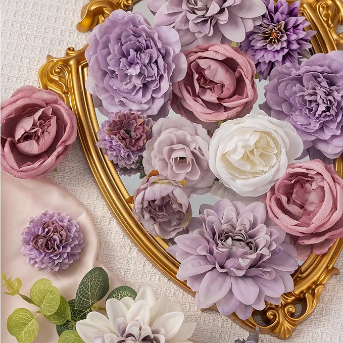 30 Pcs Artificial Flowers Combo Purple Flowers Mix Silk Flowers Dahlia Roses with Stems for DIY Wedding Bridal Bouquets, Baby Shower, Floral Arrangement, Table Centerpieces, Home Decorations