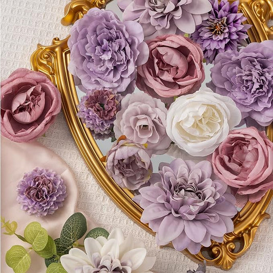 30 Pcs Artificial Flowers Combo Purple Flowers Mix Silk Flowers Dahlia Roses with Stems for DIY Wedding Bridal Bouquets, Baby Shower, Floral Arrangement, Table Centerpieces, Home Decorations