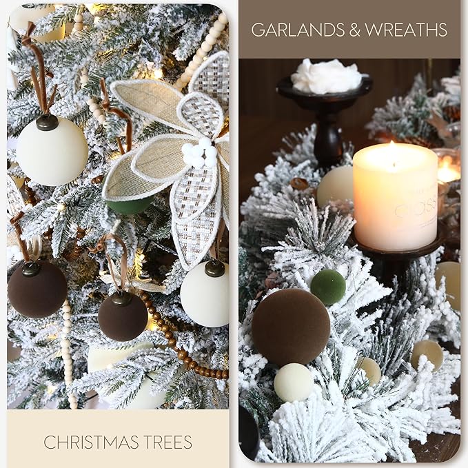 Sea Team 16-Pack Flocked Velvet Christmas Tree Ball Ornaments Set, Hanging Velour Baubles, Shatterproof Plastic Decorations for Xmas Tree, Wreath, Garland, 80mm/3.15 Inches, Cream