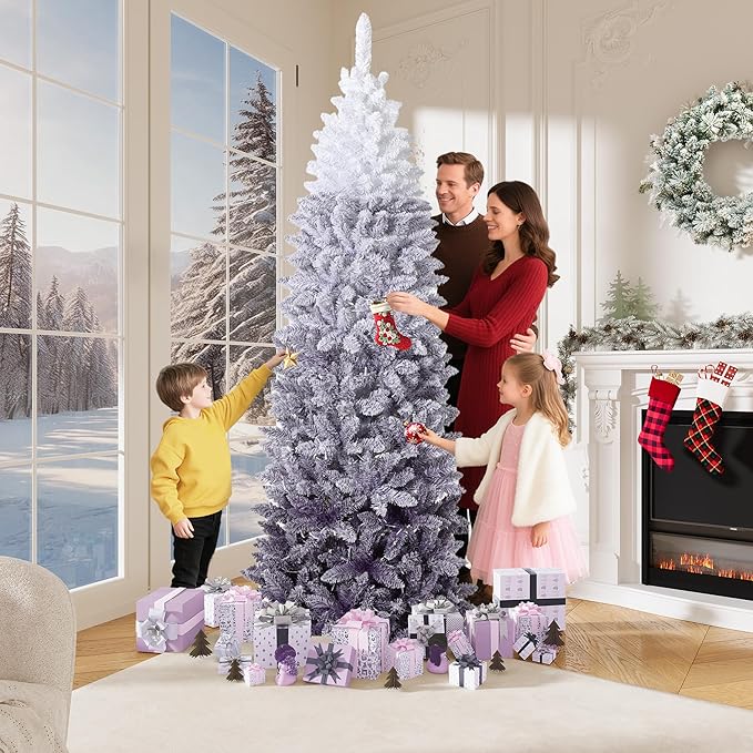 GAOMON 6Ft Snow Flocked Pencil Christmas Tree, Slim Artificial Christmas Tree with Sturdy Metal Stand, Skinny Xmas Tree Holiday Decoration for Home, Office, White & Purple Gradient