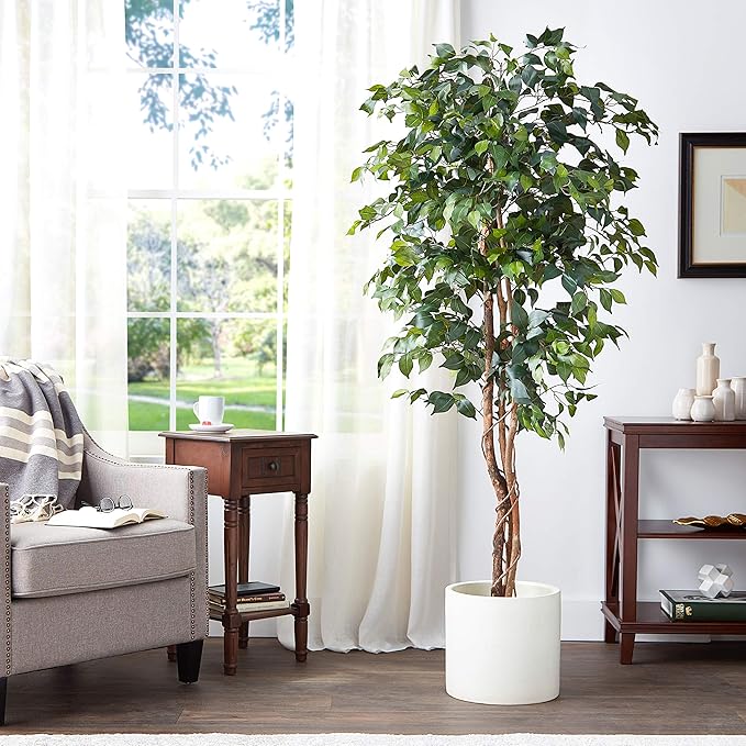 Nearly Natural 6ft Triple Trunk Artificial Ficus Tree with Natural Wood Trunks, Fake Tree for Indoor Home Décor, Faux Ficus Tree with Black Nursery Pot