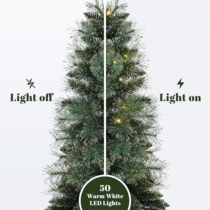 LuxenHome 4FT Small Christmas Tree, Prelit Slim Potted Artificial Christmas Trees with 50 Warm White LED Lights, Realistic Faux Pine Tree with Rattan Style Pot for Entrance, Hallway Display