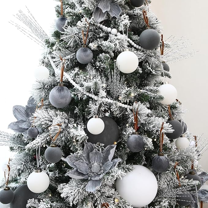 Sea Team 4-Pack Large Flocked Velvet Christmas Tree Ball Ornaments Set, Hanging Velour Baubles, Shatterproof Plastic Decorations for Xmas Tree, Wreath, Garland, 150mm/5.91 Inches, Gray