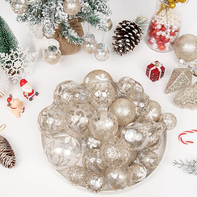 43 PCS Christmas Ball Ornaments Set, Clear Plastic Shatterproof Champagne Christmas Ornaments Hanging Balls Baubles Xmas Tree Decorations for Holiday Home Indoor Wedding Party Decor