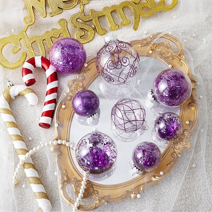 Wironlst Christmas Ball Ornaments Shatterproof Clear Large Plastic Hanging Ball Decorative Baubles Set with Stuffed Delicate Decorations (Multi-Size, Purple)