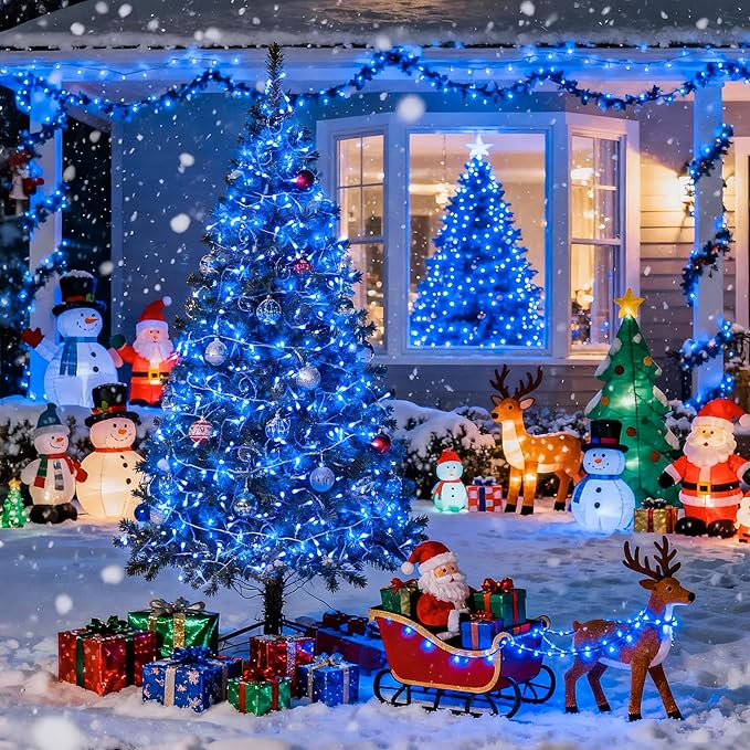 JMEXSUSS 250 LED Blue String Lights Indoor, 91.5ft Connectable Christmas Lights Outdoor Waterproof, 8 Modes Blue Christmas String Light for Party Garden Tree Halloween Decoration