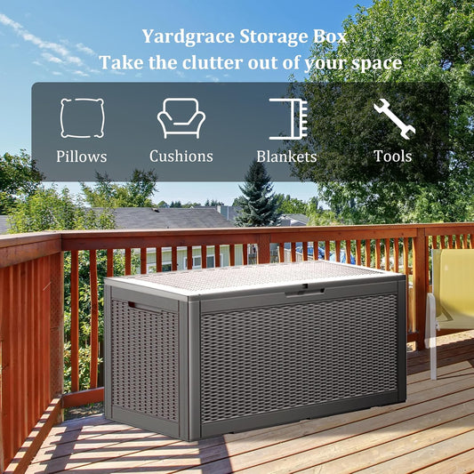 100 Gallon Waterproof Deck Box, Lockable Resin Storage Box for Patio Furniture Cushions Garden Tools and Outdoor Delivery Storage, Coffee