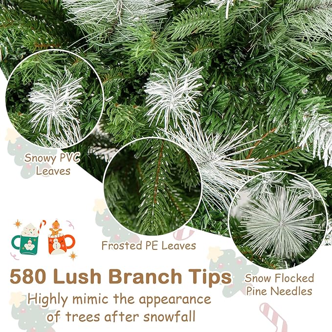 GOFLAME 6 FT Pre-Lit Pencil Christmas Tree Snow Flocked, Slim Artificial Xmas Tree with 580 Branch Tips, 280 Warm White LED Lights, Holiday Decoration Tree for Home Party Office