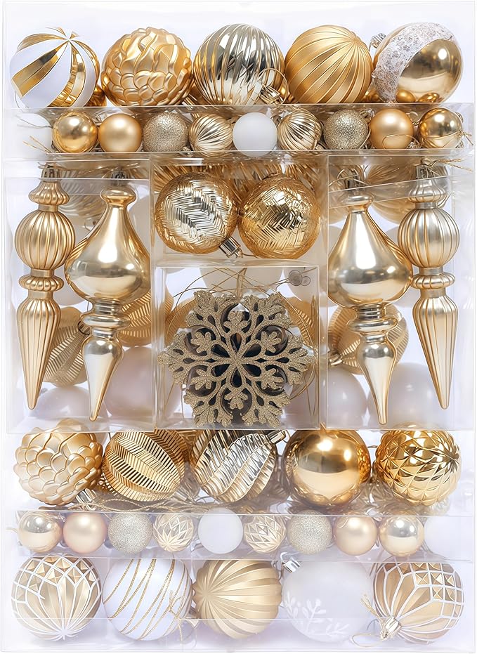 Christmas Tree Ornaments Decorations Set-116ct 1.18-6.5 Inch Assorted White Gold Shatterproof Decorative Hanging Christmas Ball Ornaments Bulk,Xmas Tree Tabletop Decorations for Holiday Decor