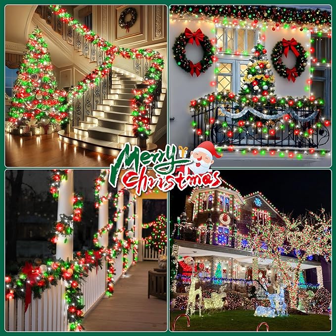 Heceltt Christmas Lights Outdoor, 522FT 1300 LED String Lights with 8 Lighting Modes &TimerTwinkle Fairy Lights Waterproof Plug in for Xmas Tree Wedding Party Holiday Decor(Red Green and White)