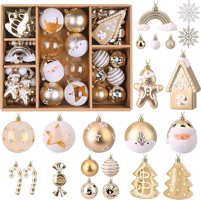 Alupssuc 65pcs Christmas Balls Ornaments Set, Shatterproof Plastic Baubles Gingerbread House, and Tree Topper for Xmas Tree Holiday Wedding Party Decorations with Hanging Strings, Gold & White