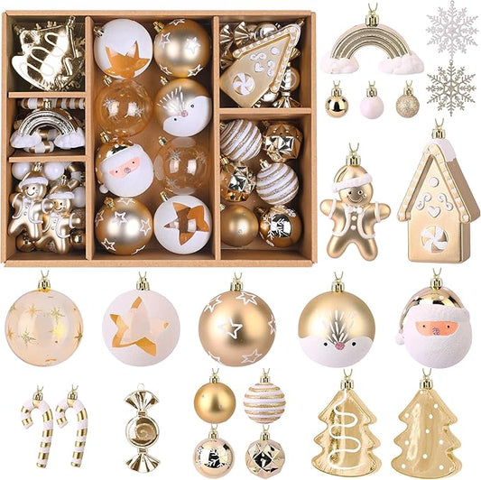 Alupssuc 65pcs Christmas Balls Ornaments Set, Shatterproof Plastic Baubles Gingerbread House, and Tree Topper for Xmas Tree Holiday Wedding Party Decorations with Hanging Strings, Gold & White