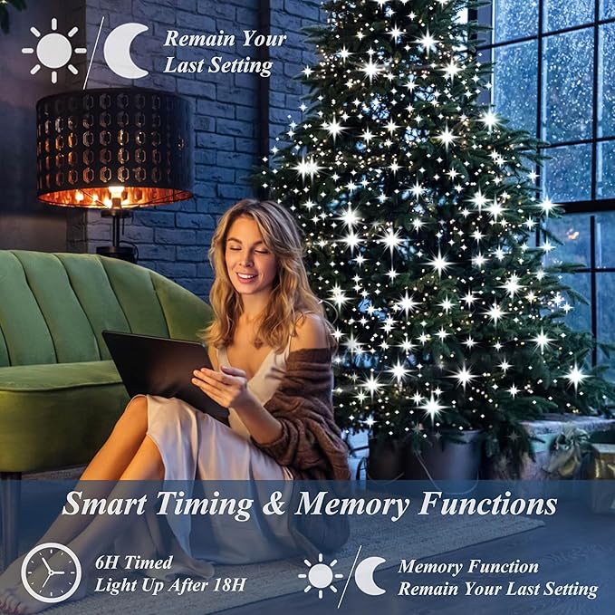 Christmas Tree Lights String, 200LED Christmas Lights for Tree with 8 Light Modes & Memory Function, 5FT x 10 String Lights with Timing & Remote Control for Xmas Holiday Decorations - Cold White