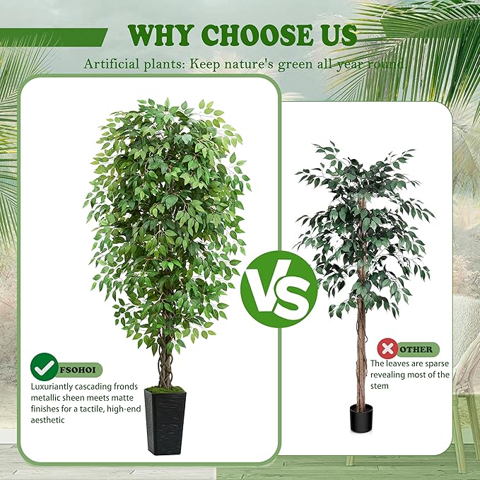 Artificial Ficus Tree 6FT Faux Plants Indoor Tall Fake Plants with Black Square Planter, Green Lifelike Lush Fake Ficus Tree for Home Living Room Bedroom Outdoor Balcony House Office Decor