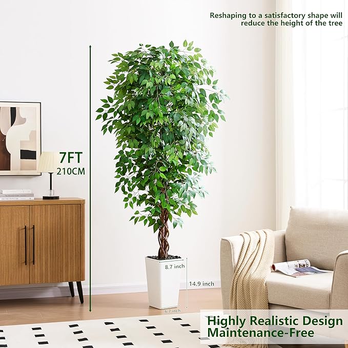 Artificial Ficus Tree 7FT Faux Plants Indoor Tall Fake Plants with White Tall Planter, Green Lifelike Lush Fake Ficus Tree for Home Living Room Bedroom Outdoor Balcony House Office Decor