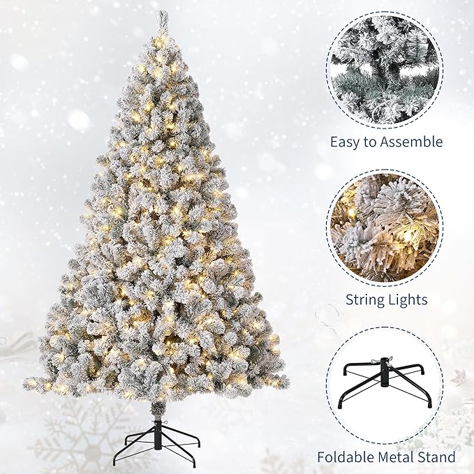 7.5FT Flocked Artificial Christmas Tree with 450 Warm White LEDs - Pre-Lit PVC Snow Tree, Foldable Stand & Foot Pedal, Easy Assembly for Home, Party, Mall Holiday Decor (Green, 1050 Tips)