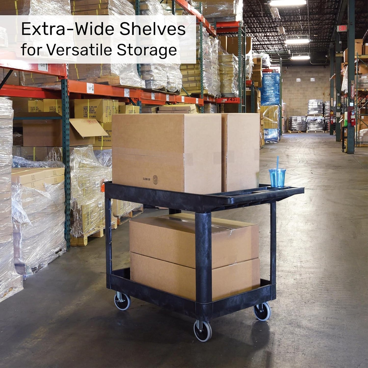 Tubstr Extra Large Two-Shelf Utility Cart with Wheels (2-Pack) | 500 lb. Capacity Rolling Utility & Tool Carts for Warehouses, Industrial Settings, Auto Garages, & More (Black, 45.5 x 24.5)