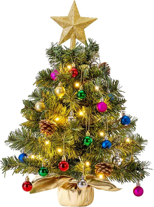Joiedomi 24"/2FT Tabletop Mini Christmas Tree Pre lit with Warm Lights, Holly Berries, Pine Cones and Ornaments for Indoor Artificial Mini Xmas Tree Holiday Season Decorations (Gold)