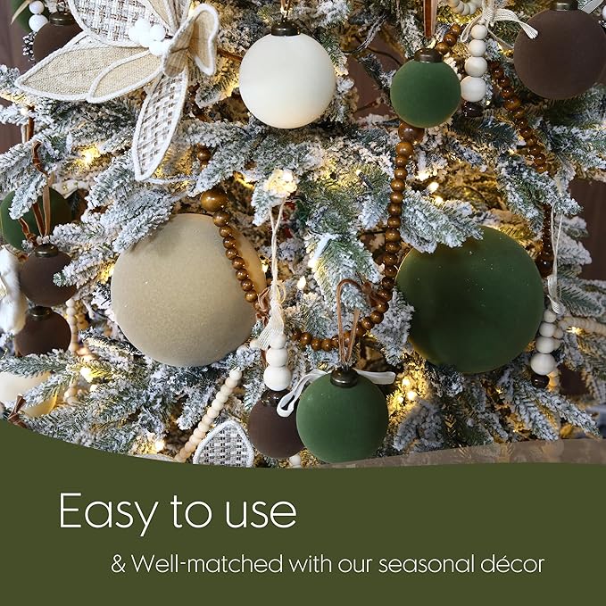 Sea Team 4-Pack Large Flocked Velvet Christmas Tree Ball Ornaments Set, Hanging Velour Baubles, Shatterproof Plastic Decorations for Xmas Tree, Wreath, Garland, 150mm/5.91 Inches, Olive Green